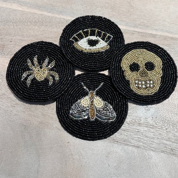 Halloween Spell Hand Crafted Beaded Coasters Skeleton Spider Moth Evil Eye New - Picture 1 of 10